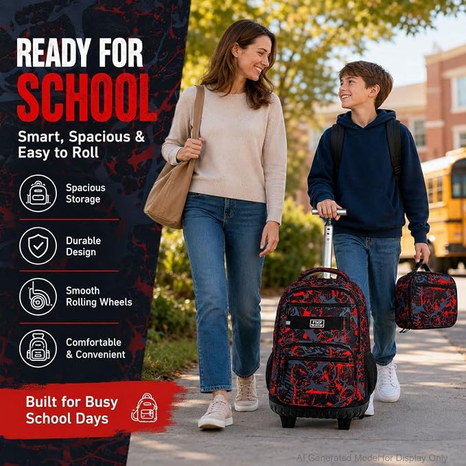 3Pcs Rolling Backpack for Boys, 19 Inche Adults Roller Bag with Wheels, Graffiti Wheeled Bookbag Set for Men(Red) - Image 7