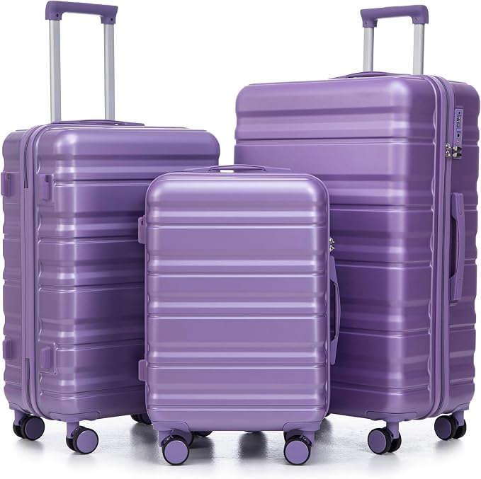 3-Piece Luggage Set 20/24/28'' Hard-shell with 360° Spinner Wheels & Combination Lock, Lightweight ABS Material for Travelling, Purple by LUCCALILY