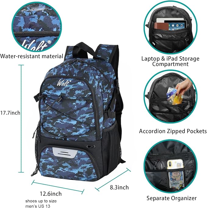 WOLT Basketball Backpack Large Sports Bag with Separate Ball Holder & Shoes Compartment, Best for Basketball, Soccer,Gym - Image 2