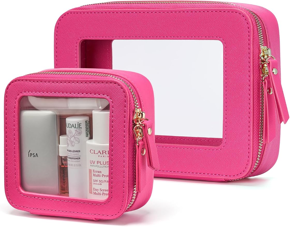 Popvibe Clear Makeup Case Toiletry Bag Travel Medium Clear Cosmetic Bag with Zipper, Make Up Bag Organizer Traveling TSA Approved Transparent Bag Car for Essentials, Mini & Medium, Hot Pink by POPVIBE