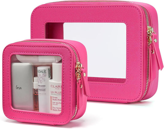 Popvibe Clear Makeup Case Toiletry Bag Travel Medium Clear Cosmetic Bag with Zipper, Make Up Bag Organizer Traveling TSA Approved Transparent Bag Car for Essentials, Mini & Medium, Hot Pink by POPVIBE