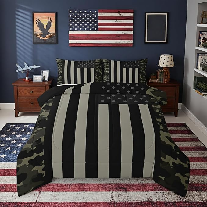 American Flag Comforter Set King Military Camo Down Comforter,Retro Army Green Camouflage USA Flag Bedding Set for Kids Boys Teens Men Bedroom,Black Grey Stars Stripes Quilt Duvet Set 2 Pillow Cases by Erosebridal