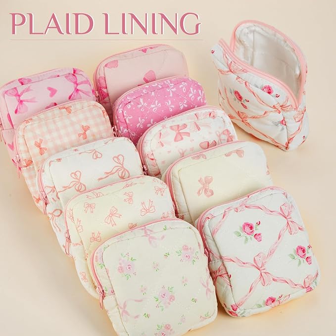 Paterr 10 Pcs Quilted Makeup Bag Bulk Cotton Floral Cosmetic Bag Women Girls Bridesmaid Gifts Cute Makeup Pouch Coquette Aesthetic Travel Toiletry Organizer(Pink Bow,5.12 x 4.72 x 1.97 Inches) - Image 3