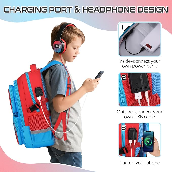 Gamer Backpack for Boys , 3PCS Boys Backpack with Lunch Box & Pencil Pouch, Waterproof School Bags for Boy Kids Children Teens, Elementary Middle School, Kids Book Bag Casual Daypack (Red Blue) - Image 7
