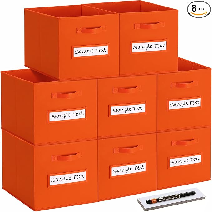 Fabric storage cubes (8 Pack) 11 Inch Cube Storage Bin, cube organizer bins with 8 Labels Window Cards & a Pen, Foldable cube organizer bins and Storage Box, Orange by Artsdi