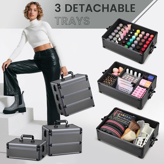 Yueieoun 5 in 1 Makeup Train Case, Cosmetology Case on Wheels Travel Make up Case Rolling Nail Cart Makeup Organizer Cosmetic Storage Box Cases Extra Large Trolley Truck, 360° Swivel Wheels, Ashy Grey - Image 3