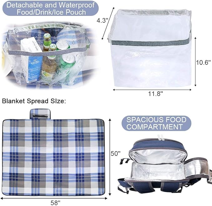 Sunflora Picnic Backpack for 4 Person Set Pack with Insulated Waterproof Pouch for Family Outdoor Camping (Navy Blue) - Image 5