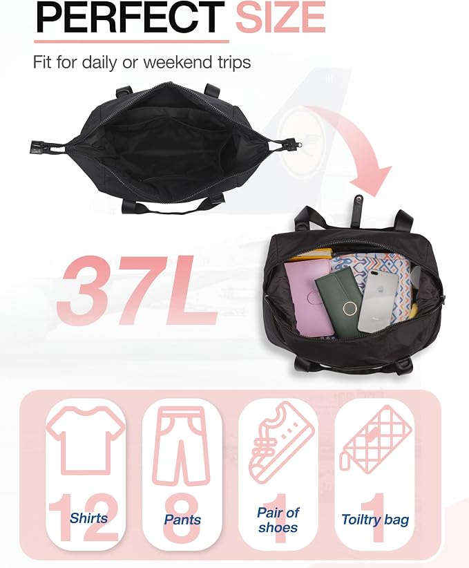 Weekender Bags for Women, BAGSMART Travel Duffel Bags with Shoe Compartment,Personal Item Travel Bag for Airlines, Carry on Overnight Tote Bag with Toiletry Bag(Black,2pcs) - Image 4