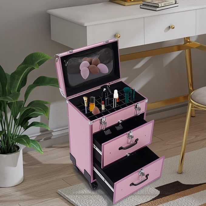 Rolling Makeup Case with Drawer Cosmetic Trolley 3 Tier Travel Cosmetic Organizer on Wheels Salon Barber Case for Makeup Artist Tattooist Nail Tech Hairstylists (Type D, Pink) - Image 3
