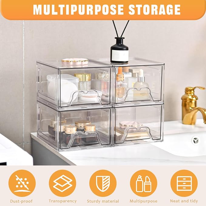 Stebopum 8 Pack Stackable Makeup Organizer, 4.4'' Tall Acrylic Bathroom Makeup Organizer and Storage Drawer with Pull-out Handle, Clear Plastic Storage Bins for Vanity,Pantry,Desk,Undersink,Kitchen - Image 4