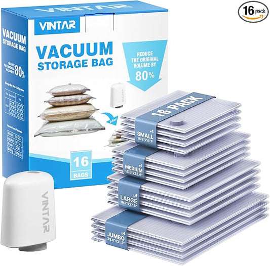 Travel Vacuum Seal Bags for Clothing with Rechargeable Cordless Pump, VINTAR 16 Pack (4J+4L+4M+4S) Carry-on Size Space Saver Vacuum Storage Bags, Compression Packing Bags for Luggage and Suitcase by VINTAR