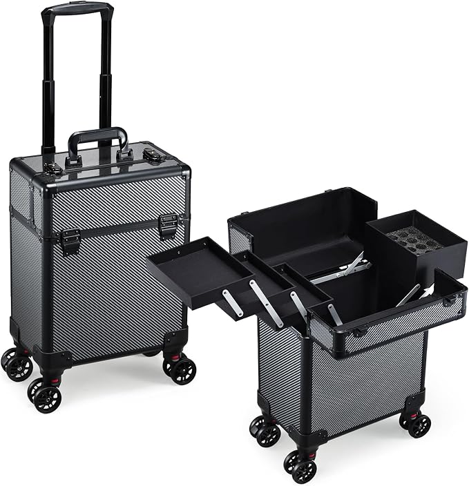 Rolling Makeup Case, Cosmetology Case on Wheels Professional Vanity Case with Trays for Women Large Travel Makeup Box Organizer Trolley with Key, Ashy Grey by Mecucasi