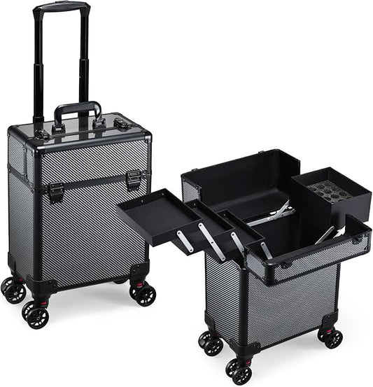 Rolling Makeup Case, Cosmetology Case on Wheels Professional Vanity Case with Trays for Women Large Travel Makeup Box Organizer Trolley with Key, Ashy Grey by Mecucasi