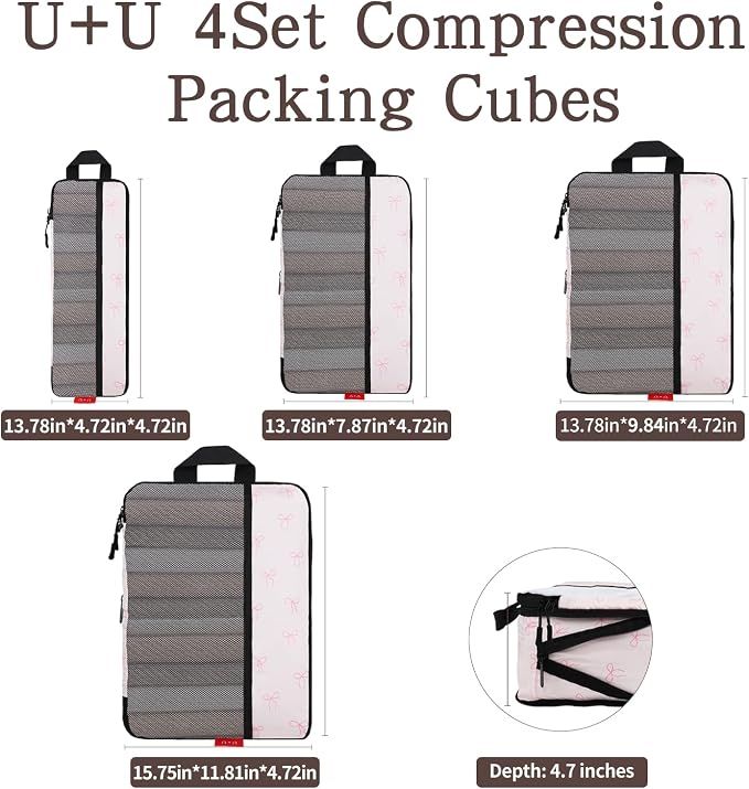 U+U 4 Set Compression Packing Cubes - Ultralight Travel Organizers, Space-Saving Suitcase Organizer, Expandable Packing Cubes for Travel, Business Trip and Family Vacation (Pink Bow) - Image 3
