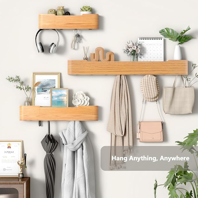 Wall Mounted Coat Rack with Shelf, Wooden Entryway Organizer with Hidden Metal Hooks for Hanging Coats Bags Keys, Modern Floating Shelf for Hallway Bathroom - Image 2