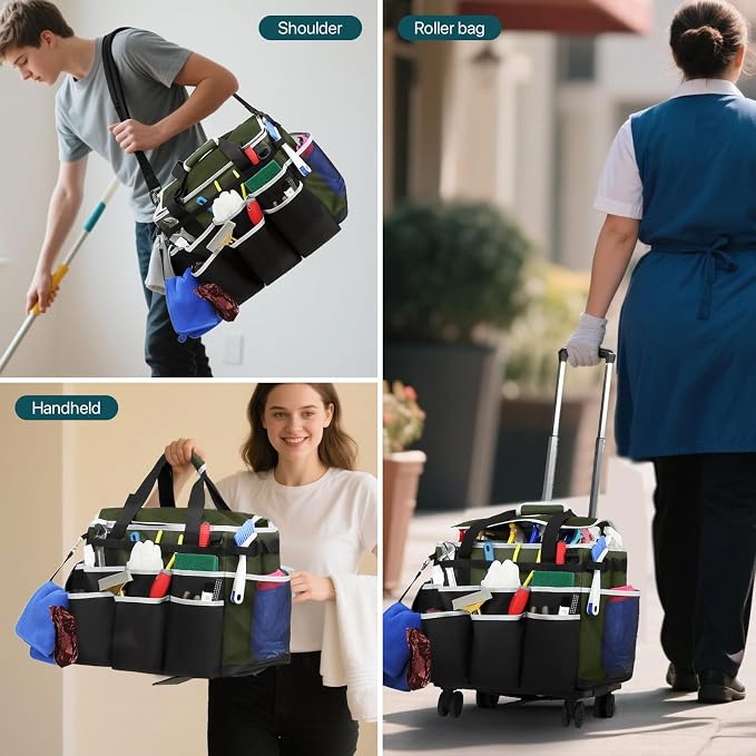 Large Rolling Cleaning Caddy Bag with Detachable Trolley, Full Support Plates for Professional Cleaning Supplies Bag, Organizer Bag with 4 Universal Wheels for Housekeepers, Car Wash (Green) - Image 6