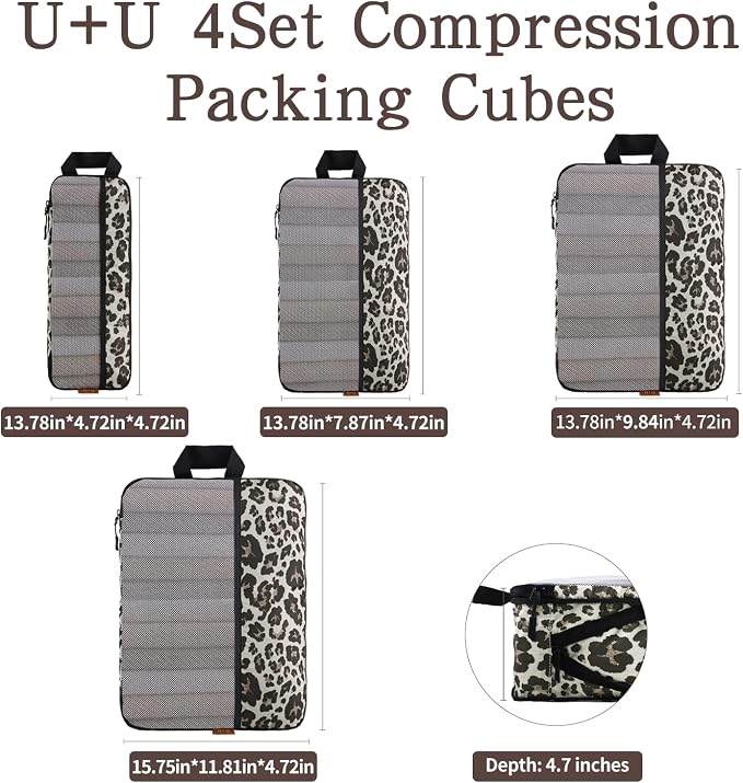 U+U 4 Set Compression Packing Cubes - Ultralight Travel Organizers, Space-Saving Suitcase Organizer, Expandable Packing Organizers for Travel Essentials (Leopard) - Image 4
