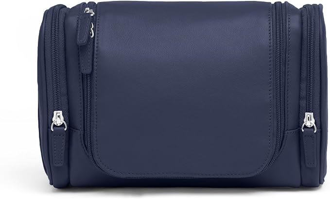 Leatherology Navy Blue Small Hanging Toiletry Kit – Compact Leather Travel Organizer with Interior Zip Pockets, Mesh Pouches & Hanger | Full-Grain Leather Toiletry Bag for Men & Women by Leatherology