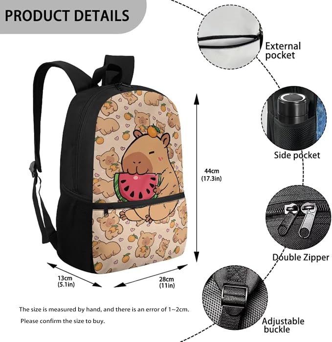 Capybara Backpack for Kids Cute Backpack with Lunchbox Pencil Case and Bottle Holder Bookmark Set of 5 Back to School Gifts Matching 5Pcs Bookbag Set for Girls Boys - Image 3