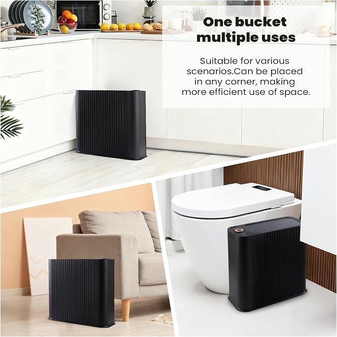 XLHOMO Black and Gold Bathroom Accessories Set - 9 Piece Complete Organization Kit with Slim Pop-up Trash Can, Toilet Brush, Lotion Dispensers, Jars & Soap Dish - Modern Matte Stripe Bathroom Decor - Image 7