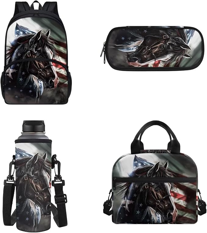POLERO American Flag Horse Backpack with Lunch Box Teens Bookbag Schoolbag Set Kids Pencil Case Water Bottle Holder for Boys - Image 2