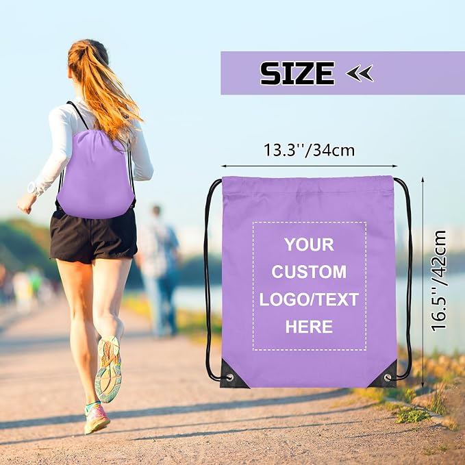 Grneric Custom Drawstring Bags Bulk 10/20/50/100/200 Pack, Promotional Items With Your Logo Personalized String Backpack for Gym, Sport, Travel, Light Purple - Image 3