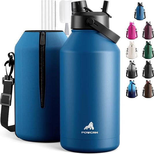 POWCAN 64 oz Insulated Water Bottle with 2-in-1 Straw Spout Lid, Leakproof, Carrier Bag, Shoulder Strap, Keep Cold 48H, Half Gallon Stainless Steel Water Jug for Men, Sports, Camping, Fitness (Indigo) by POWCAN