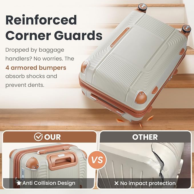 3 Piece Luggage Set PP Hardshell with YKK Zippers, 20/24/28 Inch Suitcases with Detachable Spinner Wheels & Reinforced Corner Guards, Lightweight TSA Lock Nested Set (Light Khaki) - Image 2