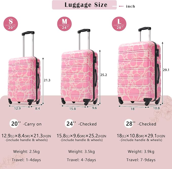 Merax Suitcase Set, Hardshell Luggage Sets 3 Piece with Spinner Wheels | Durable Printing Suitcase with TSA Lock Lightweight 20" 24" 28",Pink - Image 7