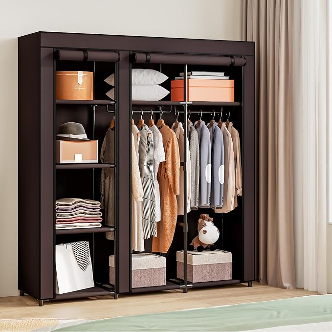 SORCEDAS Portable Wardrobe Closet Storage Organizer Metal Hanging Rack Non-Woven Fabric (Coffee, 51 Inch) - Image 2
