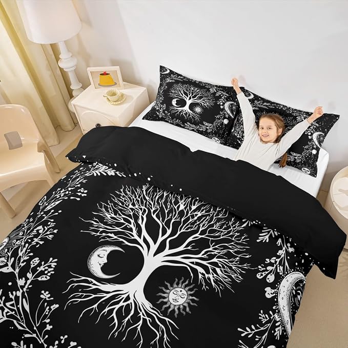Erosebridal Tree of Life Bedding Set Sun and Moon Comforter Cover King Kids Teens Bedroom Decor Black and White 3 Pcs Duvet Cover Gothic Bohemian Flower Bedding Galaxy Stars Constellations Bedspread - Image 2