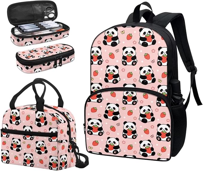 Strawberry Panda 3Pcs Backpacks Set for school, Kids Bookbag Students Knapsack with Insulated Lunch Box Pencil Case for Teens Girls - Image 6