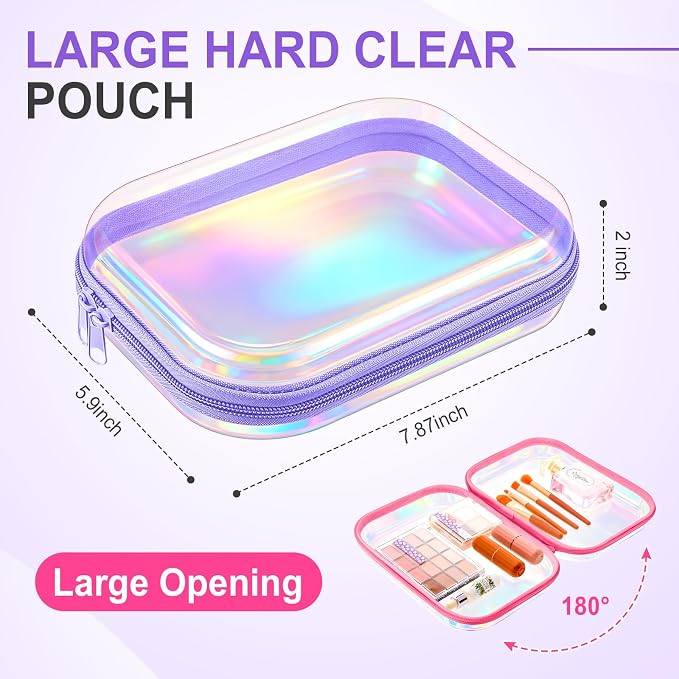 Sanwuta 6 Pcs Clear Hard Zipper Case Plastic Zipper Pouches Transparent Makeup Bag Pencil Case Pouches Toiletry Diaper Bag for Travel Toy Storage Organizer Bins(Holographic,7.87 x 5.9 x 2 Inch) - Image 2
