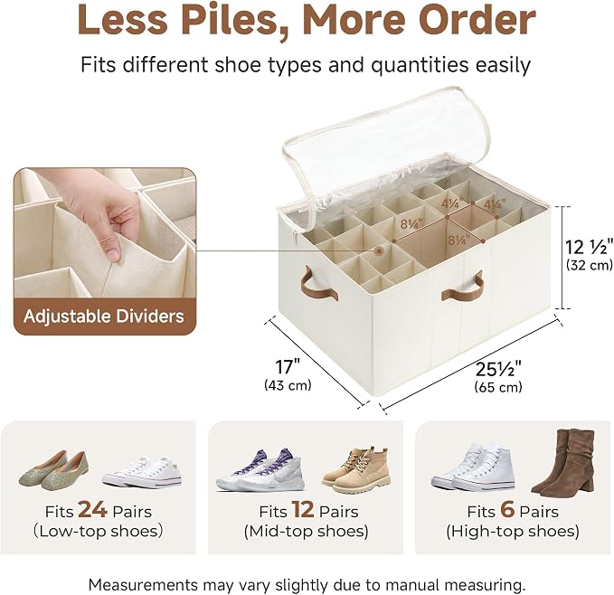 StorageWorks Shoe Organizer for Closet, Fits up to 24 Pairs, Shoe Cubby Storage Containers with Adjustable Dividers and Clear Cover, Beige - Image 2