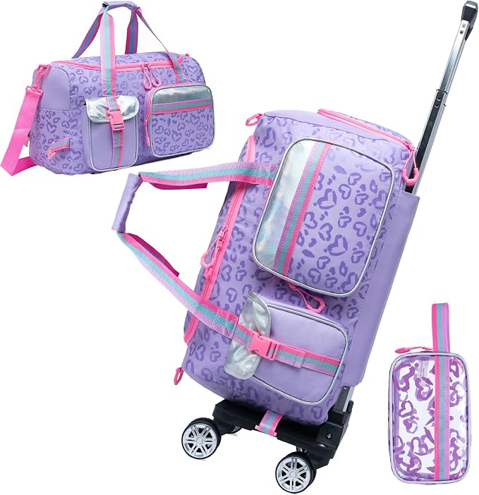Girls Rolling Duffel Bag with Wheels - Travel Bag for Kids, Overnight, Dance & Gym Use with Shoe Compartment by ComewithOruiji