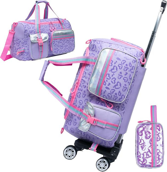 Girls Rolling Duffel Bag with Wheels - Travel Bag for Kids, Overnight, Dance & Gym Use with Shoe Compartment by ComewithOruiji