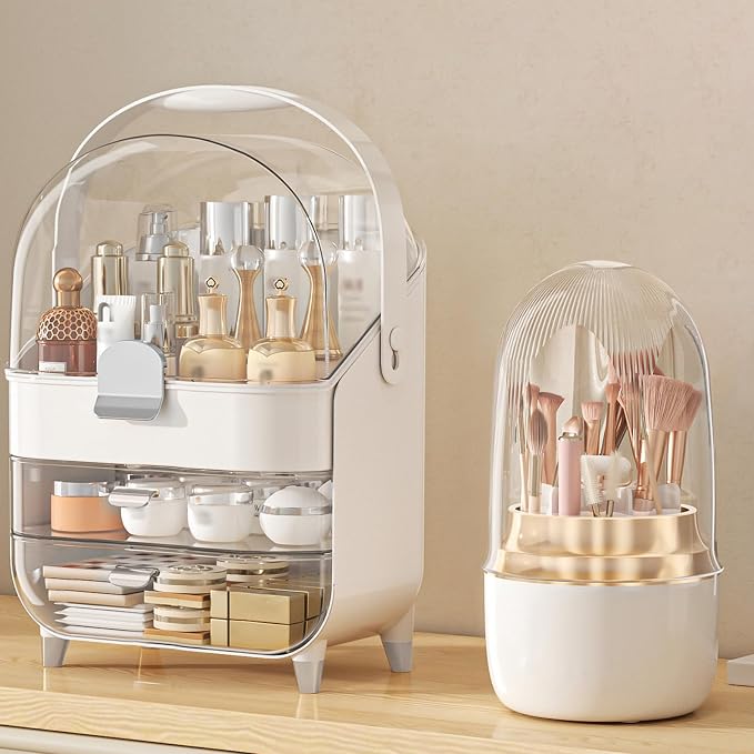 Makeup Organizer Countertop, Skincare Holder Bathroom Counter Organizer, Storage Box Cosmetic Display Cases, Teen Girl Gifts Make up Organizers (Sliver/Brush) by Anylady