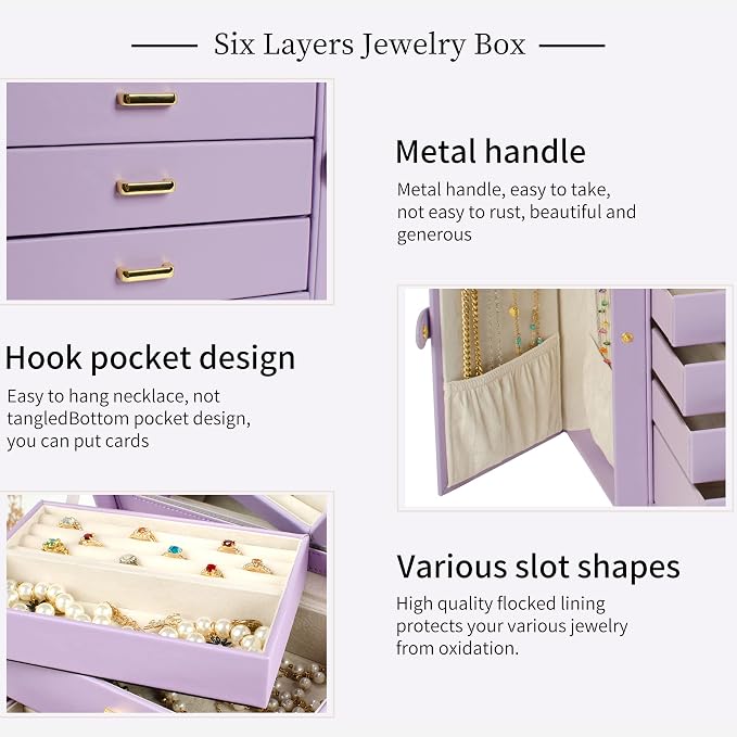 AKOZLIN 6-Tier Jewelry Box Organizer Functional 5 Drawers Leather Jewelry Storage Case for Women Girls Ring Necklace Earring Bracelet Holder Organizer with Mirror Violet Large - Image 5