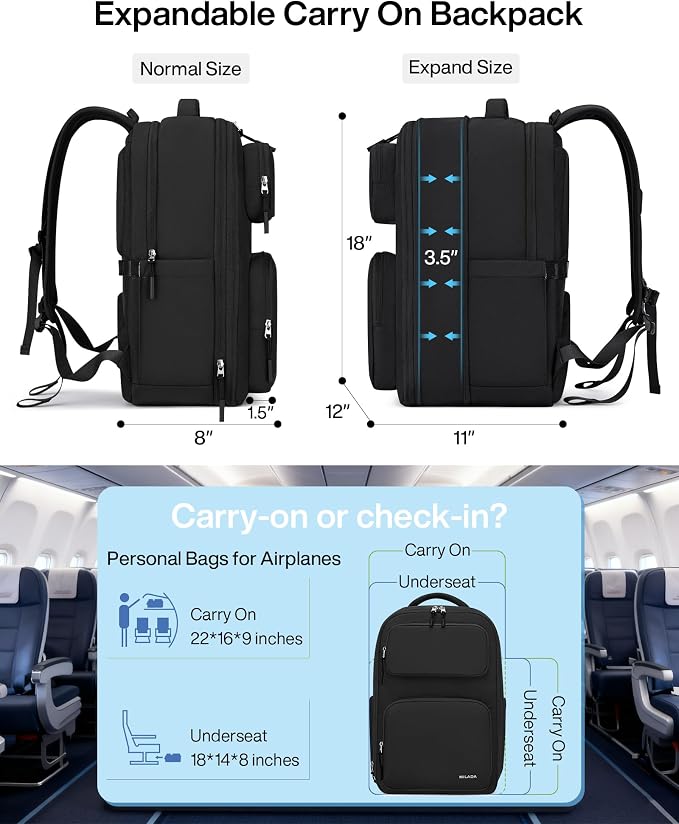 MILADA Travel Backpack for Women&Men,Expandable 28L to 39L,Fits 17" Laptop | Airline Approved Carry-On, Personal Item Backpack, Lightweight Business Rucksack Weekender Bag, Black - Image 2