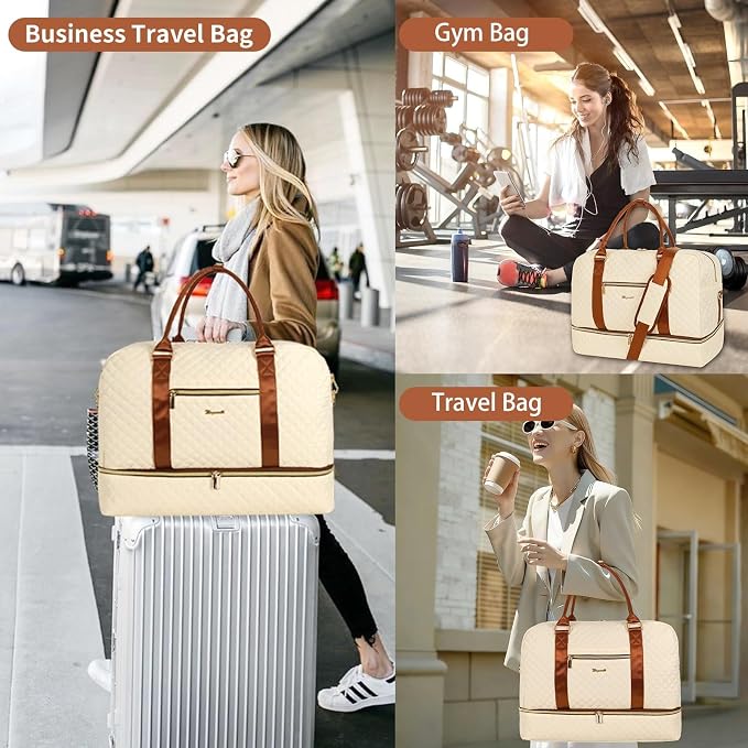 Wogarl 3PCS Weekender Bags for Women Large Overnight Bag Weekend Travel Duffel Bag Carry on Shoulder with Shoe Compartment Canvas Toiletry Bag for Travel Business Gym,Beige - Image 6