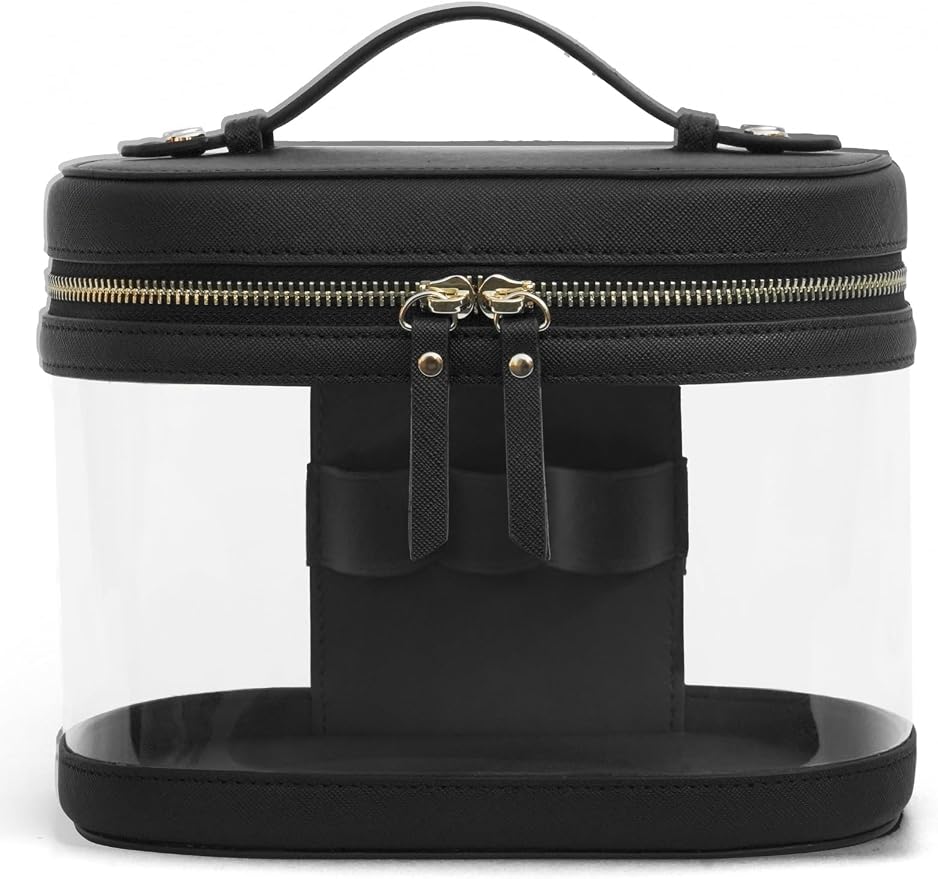 Popvibe Travel Makeup Bag Clear Compact Make Up Vanity Case with Brush Storage and Top Handle, Toiletry Makeup Case Traveling Leather Cosmetic Bag, Portable Medium Large Sized Train Case, Black by POPVIBE