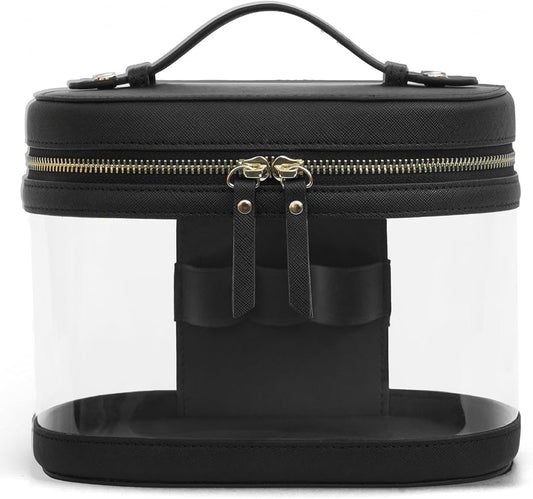 Popvibe Travel Makeup Bag Clear Compact Make Up Vanity Case with Brush Storage and Top Handle, Toiletry Makeup Case Traveling Leather Cosmetic Bag, Portable Medium Large Sized Train Case, Black by POPVIBE