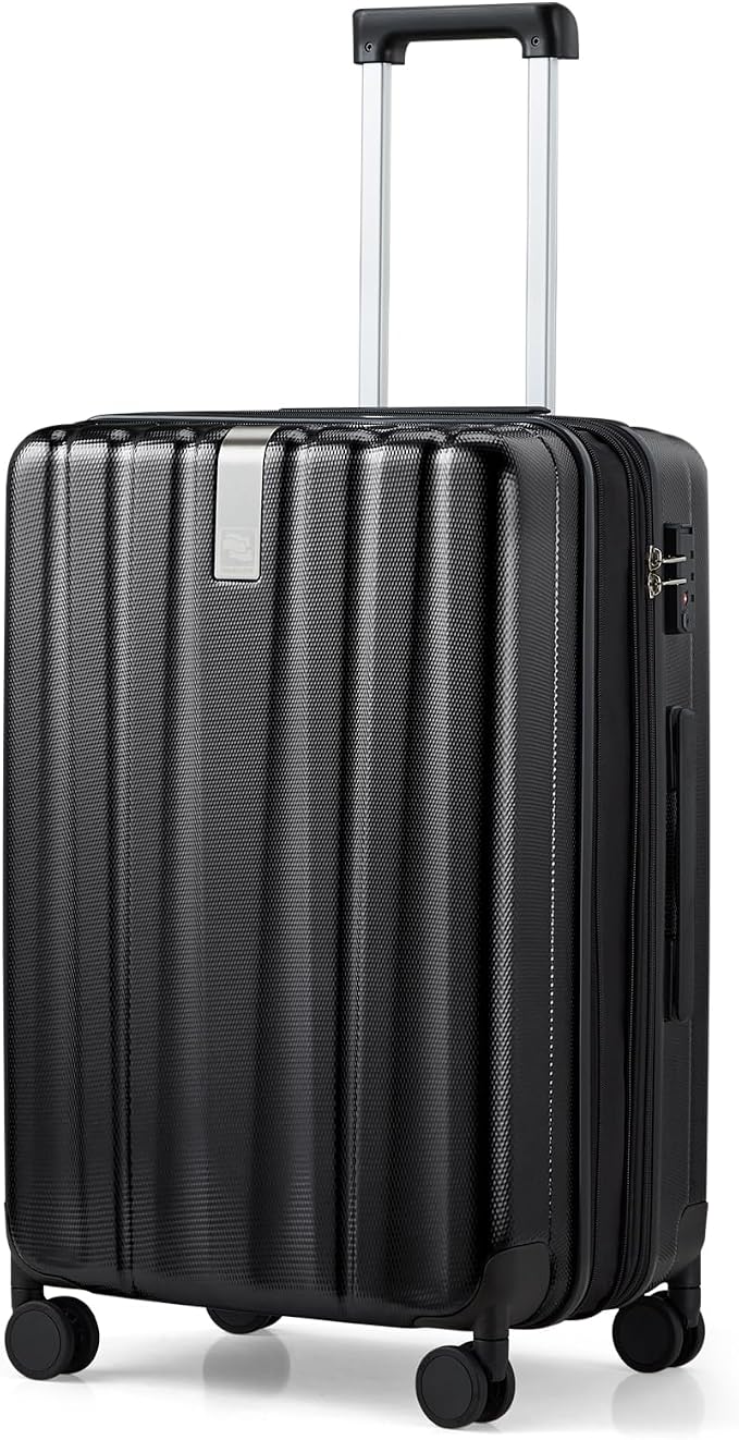 Hanke 24 Inch Expandable Checked Luggage Lightweight PC Hard Shell luggage Suitcases with Wheels Travel Luggage Rolling Large Suitcase Travel Luggage Bag for Go To University.(Jet Black) by Hanke