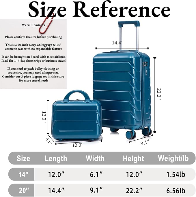 2-Piece ABS Hard Shell Lightweight Carry-On Luggage Set (14" & 20"), 360-Degree Spinner Wheels, Adjustable Telescopic Handle and Combination Lock for Travel, Dark Blue - Image 7