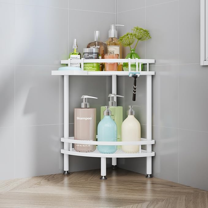 HapiRm Standing Corner Shower Caddy - 2 Tier Shower Organizer Corner with Soap Holder and 4 Hooks, Rustproof Bathroom Storage Shelves with Adhesives, White by HapiRm