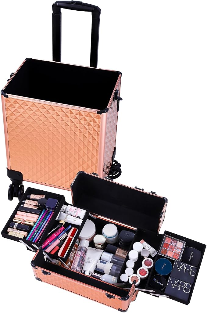 Karl home 4 in 1 Makeup Train Case Rolling Cosmetic Trolley Large Capacity Travel Organizer with Key 360°Swivel Wheels Suitcase for Beauticians Hairstylists Nail Tech Students, Rose Gold - Image 8