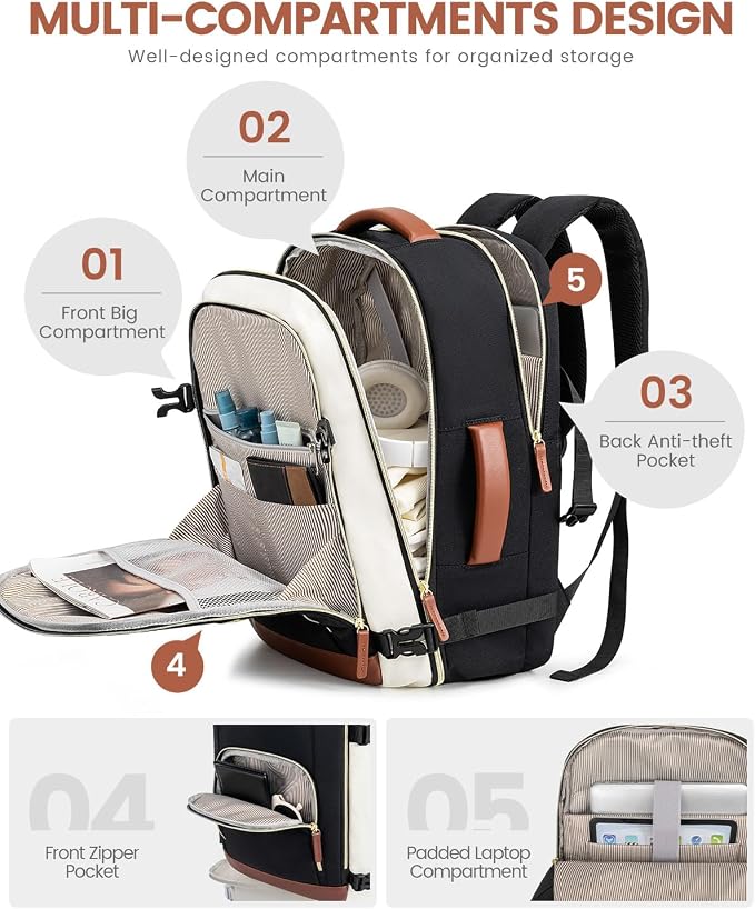 LOVEVOOK Carry On Travel Backpack For Women, 50L TSA Personal Item Backpack Flight Approved, Travel Bag for Airplanes Fit 18 Inch Laptop, Business Weekender Overnight Waterproof Daypack with 3 Cubes - Image 4