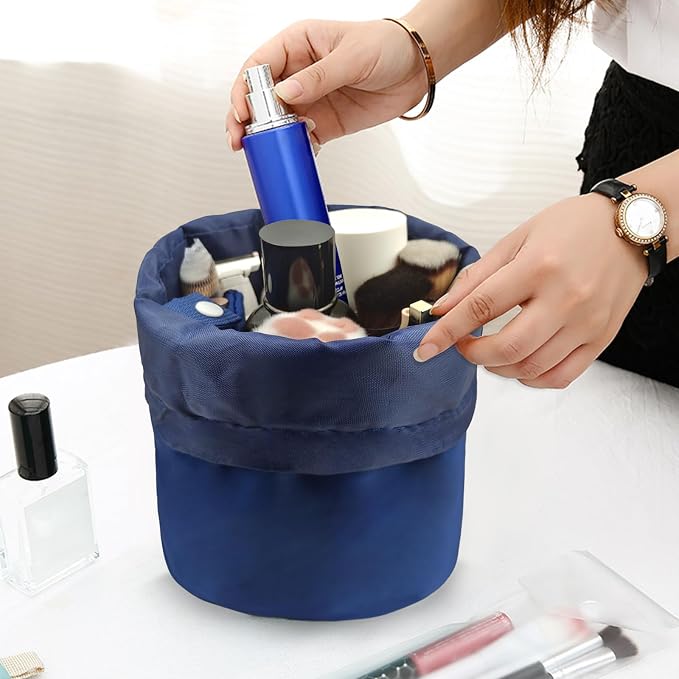 INVODA Drawstring Makeup Bag for Women Cosmetic Bag Large Travel Make up Bags Portable Barrel Toiletry Bag Toiletries Pouch Travel Cosmetic Organizer (Navy Blue) - Image 4