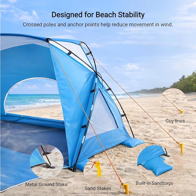 Beach Tent, Portable Sun Shelter for 2/3/4/6-8 Person with UPF 50+ UV Protection, Easy Setup Waterproof Beach Shade Canopy Cabana for Family Outdoor and Picnics, Fishing with Carrying Bag - Image 4