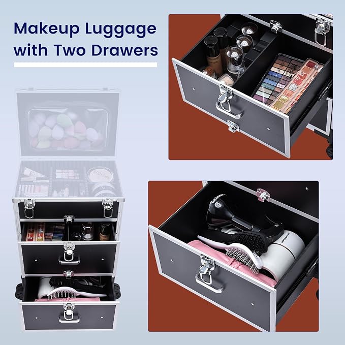 Professional Rolling Makeup Train Case with Drawers, Large Cosmetic Trolley with Locks, Cosmetics Storage Organizer Make up Case for Travel Makeup/Nail Art/Hair Styling, Matte Black - Image 4